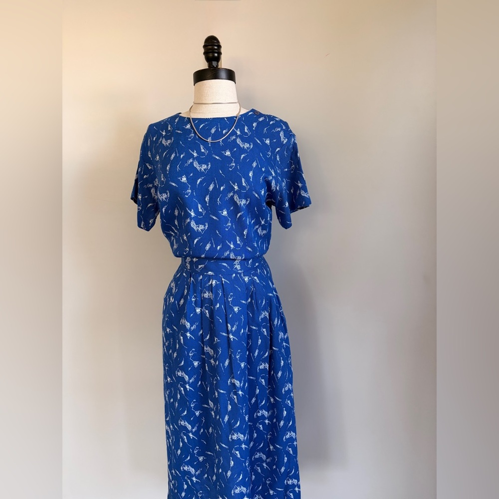Vintage 80s Stephen Douglas LTD Blue Rayon 2 Piece Skirt Set Size 8